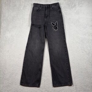 Playboy Womens 25 Black Rhinestone Bunny Distressed High Waist Wide Leg Jeans